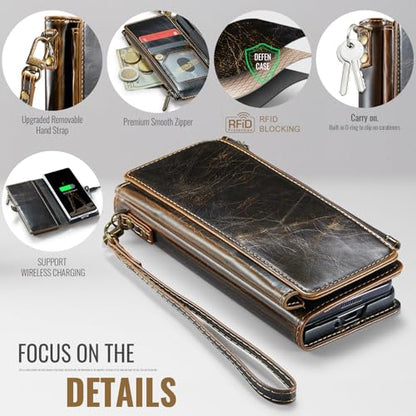 Defencase for Samsung Galaxy Z Fold 6 Wallet Case with Card Holder, Coffee | Durable Soft PU Leather, RFID Blcking Zipper Pocket, with S-Pen Holder & Strap, Flip Phone Cases with Stand for Women Men - color: Coffee