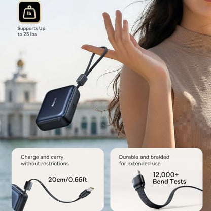 Baseus PicoGo AC22 Mini Power Bank, 20000mAh 45W PD Portable Charger Built-in USB-C Cable, Travel Essential Compact Battery Pack, Fast Charging for iPhone Duo/18/17/16/15 Samsung S26/S25 Pixel 11 iPad - color: Midnight Black