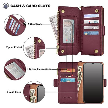 Antsturdy for iPhone 13 Pro Max Phone Wallet Case Women,Wine Red | RFID Blocking,with Credit Card Holder Slots,PU Leather Purse,Zipper Pocket,Wrist Strap Kickstand,Flip Folio Cover for Men - color: Wine Red