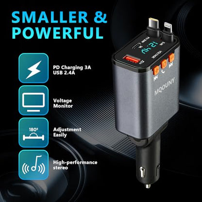 Retractable Car Charger,5 in 1 Fast Cars Phone Charger 60w,Bluetooth 5.3 FM Transmitter Adapter,Handsfree Call,MP3 Player,2 Retractable Cables and USB Chargers, for Phone,Galaxy,Pixel (Black) - color: Black