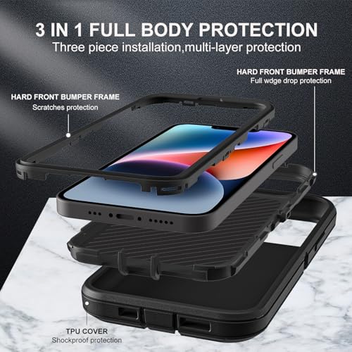 YKHJKLEC iPhone 13/14 Case Compatible With Magsafe - 3 in 1 Heavy Duty Shockproof/Drop Proof/Dust Proof With 2Pcs Tempered Glass Screen Protector (New-Black/Black) - color: New-Black/Black
