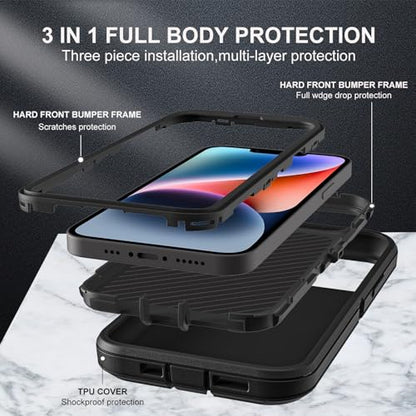 YKHJKLEC iPhone 13/14 Case Compatible With Magsafe - 3 in 1 Heavy Duty Shockproof/Drop Proof/Dust Proof With 2Pcs Tempered Glass Screen Protector (New-Black/Black) - color: New-Black/Black