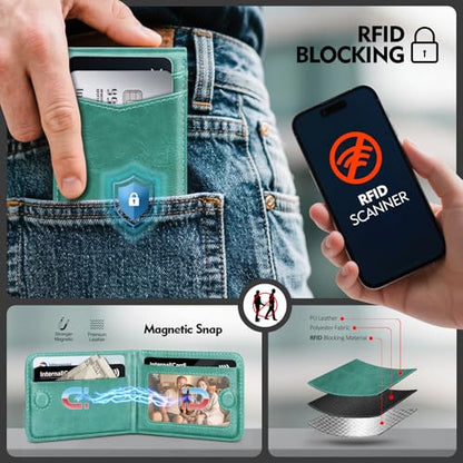 RFID Blocking MagSafe Wallet Stand with Card Holder,5 Card Slots & ID Window,PU Leather Magnetic Phone Adjustable Kickstand for iPhone 12/13/14/15/16/17 Pro Max & Air Plus Series,Blue Green - color: Blue Green, style: Stand Wallet