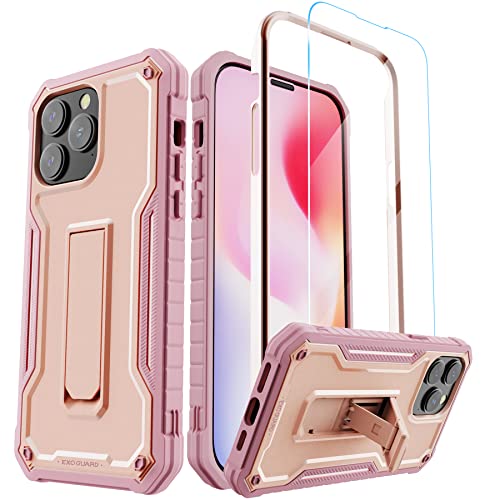 ExoGuard for iPhone 14 Pro Max Case 6.7 Inch, Rubber Shockproof Full-Body Cover Case Come with a Tempered Glass Screen Protector and Kickstand (Pink) - color: Pink