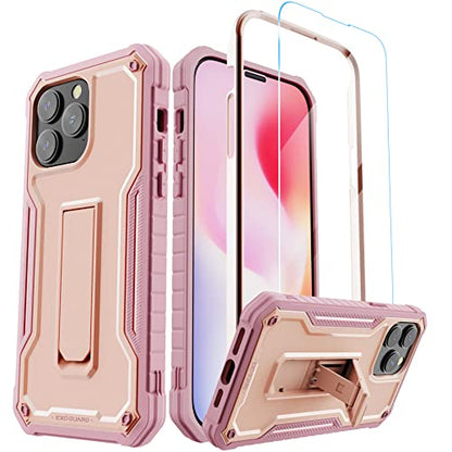 ExoGuard for iPhone 14 Pro Max Case 6.7 Inch, Rubber Shockproof Full-Body Cover Case Come with a Tempered Glass Screen Protector and Kickstand (Pink) - color: Pink
