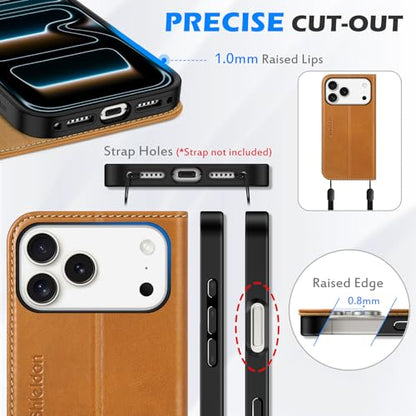 SHIELDON Real Leather Wallet Case for iPhone 17 Pro Max, Retro Light Brown | Magnetic Closure, RFID Blocking, Credit Card Slot, Kickstand, Flip Book Design, Shockproof Phone Cover - color: Retro Light Brown