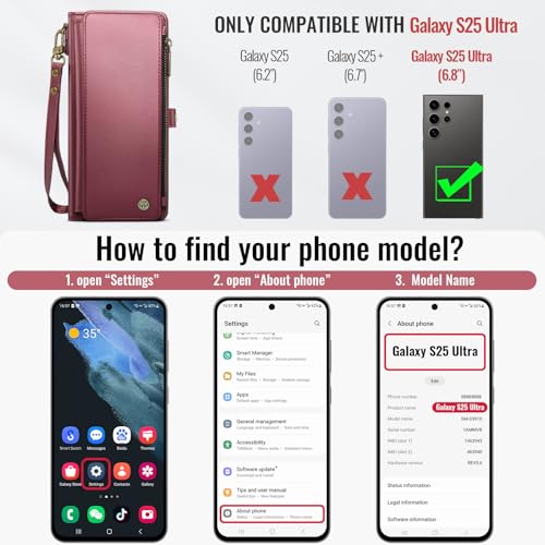 Defencase for Samsung Galaxy S25 Ultra Wallet Case with Card Holder, W-Red | with RFID Blocking Zipper Pocket, Durable PU Leather, Wrist Strap, S25 Ultra Flip Phone Cases Cover with Stand for Women Men - color: Wine Red