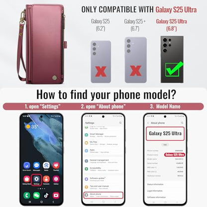 Defencase for Samsung Galaxy S25 Ultra Wallet Case with Card Holder, W-Red | with RFID Blocking Zipper Pocket, Durable PU Leather, Wrist Strap, S25 Ultra Flip Phone Cases Cover with Stand for Women Men - color: Wine Red