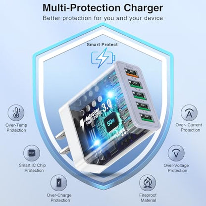 2Pack 50W USB Wall Charger, 5-Port Fast Charging Block Cube Power Plug - color: White | 2-Pack | 5-Port