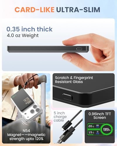 Portable Charger for Apple Watch & iPhone 17/16/15/14, 5000mAh 15W Fast Wireless Magnetic Power Bank with Built-in USB-C Cable, Ultra Slim 3-in-1 Mag-Safe Battery Pack with Smart LCD Display (Black) - color: Black