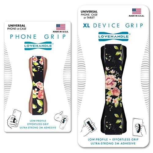 LoveHandle Duo Grip for Smartphone and Tablet - Vintage Rose Design Elastic Strap Original Grip with Rose Base + XL Grip with Black Base