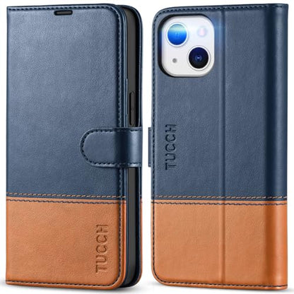 TUCCH Wallet Case for iPhone 13 (6.1") 2021, Flip Stand, Blue & Brown | RFID Blocking, 3 Card Holders, Kickstand, PU Leather, Shockproof TPU Shell, Magnetic Closure, Protective Folio Cover - color: Blue & Brown