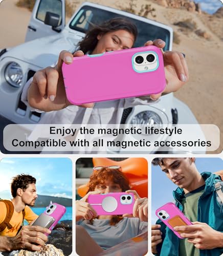 Magnetic for iPhone 17 Case Heavy Duty Military-Grade Shockproof,Anti-Slip 3-Layer Rugged Drop Protection with Screen Protector,Compatible with MagSafe,Anti-Scratch for iPhone17 Phone Cover (Pink) - color: Pink-m