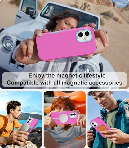Magnetic for iPhone 17 Case Heavy Duty Military-Grade Shockproof,Anti-Slip 3-Layer Rugged Drop Protection with Screen Protector,Compatible with MagSafe,Anti-Scratch for iPhone17 Phone Cover (Pink) - color: Pink-m