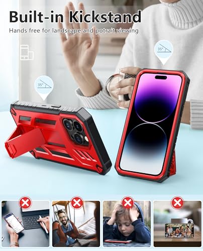FNTCASE for iPhone 14 Pro Max Case, Built-in Screen Protector, Kickstand | 20FT Military-Grade Drop Protection, Anti-Slip Matte Textured, Rugged Heavy Duty Shockproof TPU Protective Cover - color: Kickstand Red