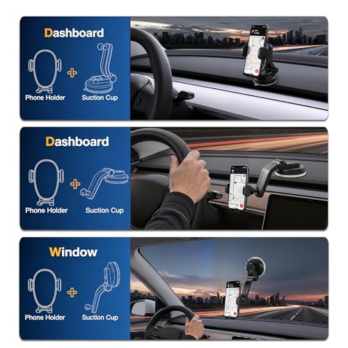Car Phone Mount, Dashboard Phone Holder and Windshield Mount with One Button Release, Mechanical Clamp, Extendable Arm, 360 Degree Rotation, Washable Gel Suction Cup, Fits Most Smartphones - size: Universal | Mech