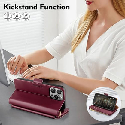 Antsturdy for iPhone 13 Pro Phone Wallet Case Women,Wine Red | RFID Blocking,with Credit Card Holder Slots,PU Leather Purse,Zipper Pocket,Wrist Strap Kickstand,Flip Folio Cover for Men - color: Wine Red