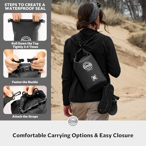 STOVER 5/10/25/30/40L Waterproof Dry Bag, Small Lightweight Roll Top Dry Bag Backpack w/Waterproof Phone Case, Kayaking, Travel, Hiking, Fishing, Tubing, Camping, the Beach, Men/Women (Black) - color: 5/10l Black, size: 5L