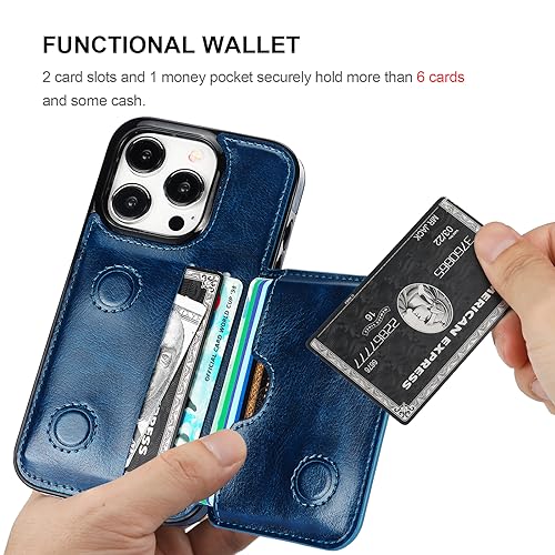 KIHUWEY Compatible with iPhone 15 Pro Wallet Case Credit Card Holder, Premium Leather Kickstand Flip Hidden Magnetic Clasp Durable Shockproof Protective Cover for iPhone 15 Pro 6.1 inch (Blue) - color: Blue