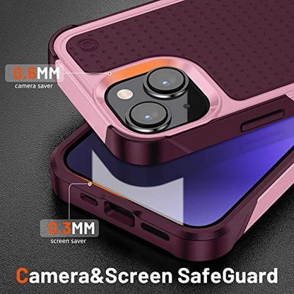 Designed for iPhone 14 Case iPhone 13 Case 2 in 1 Gift Militay Grade Drop Protective Rugged Heavy Duty Cover Shockproof Case for iPhone 14 Phone Case for Women Men boy Girl (Pink+Rose Red) - color: Pink+Rose Red