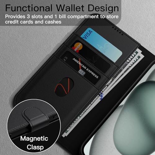 JETech Wallet Case for iPhone 15, Black | Shockproof PU Leather, Card Holder, Magnetic Flip Cover, Stand Feature, Full Camera Protection - color: Black