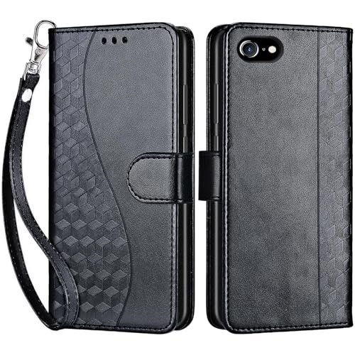 for iPhone SE 2022/7/8/SE 2020 Wallet case, Black | 3 Card Holders, Kickstand, Shockproof TPU Shell, PU Leather, Magnetic Closure, Protective Flip Folio Cover, Women - color: 3