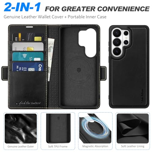SHIELDON Detachable Wallet Case for Galaxy S26 Ultra 6.9" 2026, Retro Black | Genuine Leather, Kickstand, Magnetic Closure, RFID Blocking, Credit Card Slot, Removable, Folio Shockproof Cover - color: Retro Black