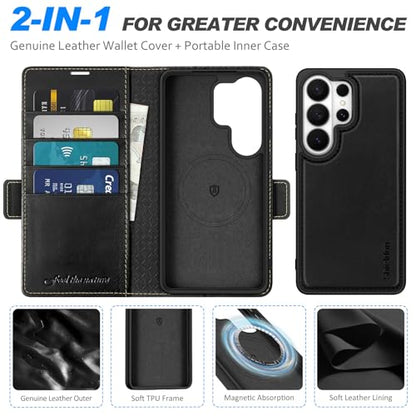 SHIELDON Detachable Wallet Case for Galaxy S26 Ultra 6.9" 2026, Retro Black | Genuine Leather, Kickstand, Magnetic Closure, RFID Blocking, Credit Card Slot, Removable, Folio Shockproof Cover - color: Retro Black