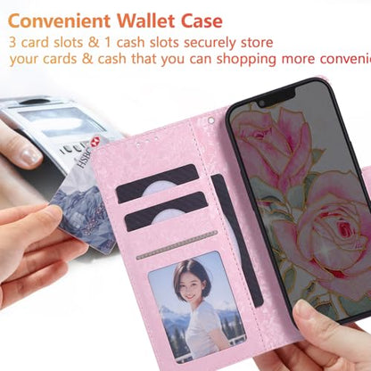 UEEBAI Wallet Case for iPhone 17, PU Leather Phone Cover Kickstand RFID Blocking Flip Case Card Slots Wrist Strap Relief Engraved Pattern Magnetic Closure Flower Folio Wallet, White Rose - color: White Rose, size: iPhone 17