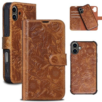 Leather Case Compatible with iPhone 16 Wallet 6.1" Brown | Genuine Leather 2in1 Magnetic Detachable Shockproof Kickstand,Flip Folio Cover with Card Slot,RFID Blocking durable Brown - color: Brown, size: 16