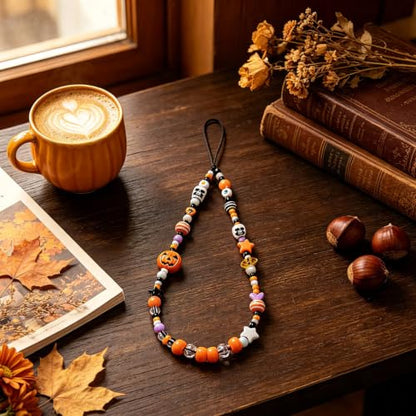 Cute Beaded Camera Wrist Strap for Phone, Digital Camera Charm Lanyard, Pearl Beaded Chain for Bag Keychain Gift - color: Halloween