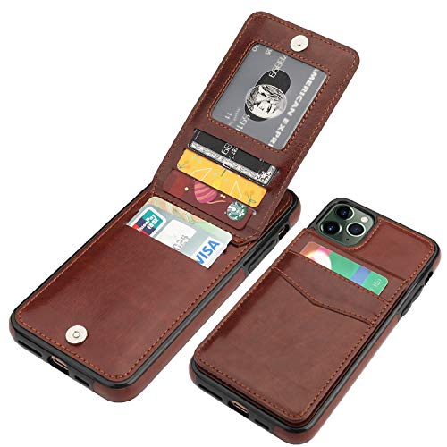 KIHUWEY for iPhone 11 Pro Max Wallet Case Card Holder Kickstand, Brown | Credit Card Slots, PU Leather, Magnetic Clasp, Flip Heavy Duty Protection Cover for Men and Women - color: Brown