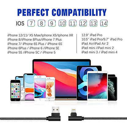 OCEEK 3Pack (3/6/10FT) USB A to Lightning Cable Right Angle [MFi Certified] - color: 3Pack BlackWhite