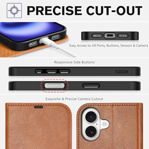 TUCCH Wallet Case for iPhone 16 (6.1") 2024, 4 Card Holders, Light Brown | RFID Blocking, Viewing Stand, Shockproof TPU Shell, PU Leather, Magnetic Closure, Protective Folio Flip Cover - color: Textured Light Brown