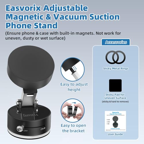 Vacuum Magnetic Phone Holder with Metal Ring Compatible with iPhone 17 All Phone, Portable Universal Collapsible Magnetic Phone Stand, Car Mount with Strong Suction Cup - color: Deep black