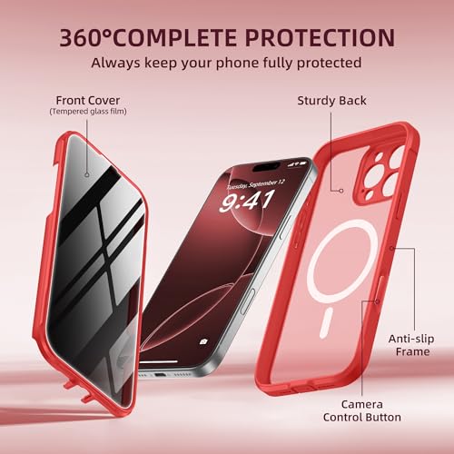 BERFY for iPhone 16 Pro Max Case, Compatible with MagSafe, Built-in Privacy Screen Protector, Camera Protection, Shockproof Full Body Phone Case 6.9", Translucent Red