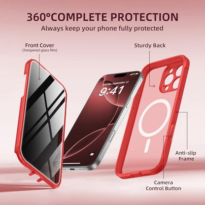 BERFY for iPhone 16 Pro Max Case, Compatible with MagSafe, Built-in Privacy Screen Protector, Camera Protection, Shockproof Full Body Phone Case 6.9", Translucent Red