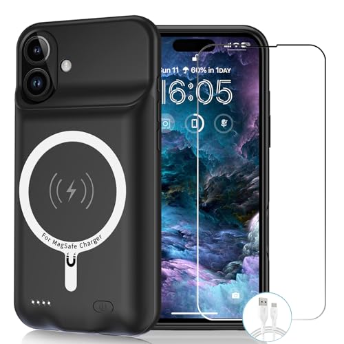 Wireless Charging Case for iPhone 16, 10000mAh High Capacity Portable Rechargeable Protective Extended Battery Case Qi Wireless Charging with iPhone 16(6.1 inch) Extended Battery Charger Case (Black) - size: iPhone 16 (6.1 inch)