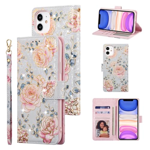 UEEBAI Wallet Case for iPhone 12/iPhone 12 Pro 6.1 inch, PU Leather Case Kickstand RFID Blocking Flip Case Card Slots Wrist Strap Relief Engraved Pattern Magnetic Closure Folio Case, Purple Rose - color: Purple Rose, size: iPhone 12/iPhone 12 Pro 6.1 inch