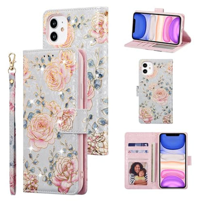 UEEBAI Wallet Case for iPhone 12/iPhone 12 Pro 6.1 inch, PU Leather Case Kickstand RFID Blocking Flip Case Card Slots Wrist Strap Relief Engraved Pattern Magnetic Closure Folio Case, Purple Rose - color: Purple Rose, size: iPhone 12/iPhone 12 Pro 6.1 inch