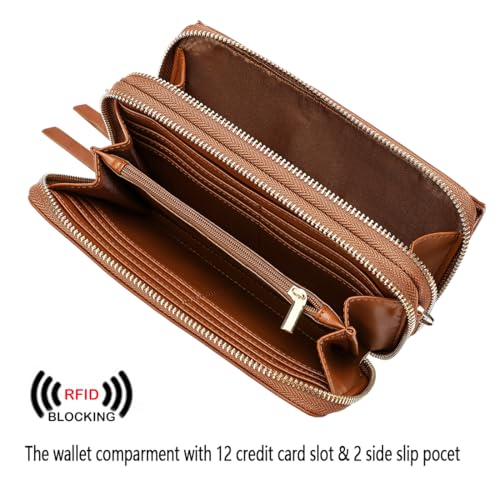 RFID Crossbody Wallet Wristlet Purse with Phone Pocket For Women Vegan Leather - color: Brown