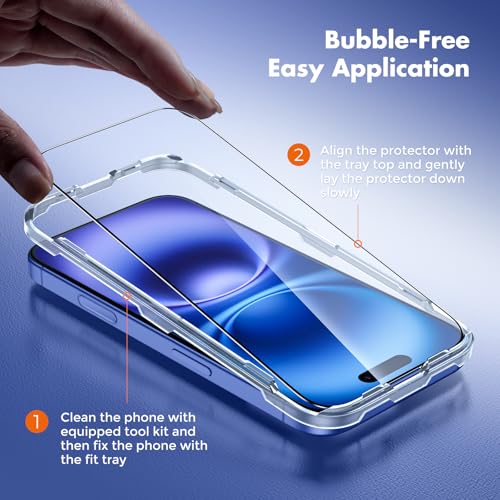 UNBREAKcable for iPhone 16 Screen Protector, 6-Pack Full Coverage Tempered Glass [Military Grade Shatterproof] [9H Hardness] [Easy Installation Frame] [Bubble Free] for iPhone 16 6.1" - size: iPhone 16/15 (Pack of 2)