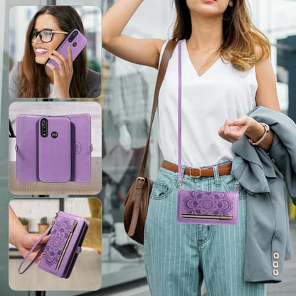 Asuwish Phone Case for Moto G Power 2020 Zipper Wallet Magnetic Detachable Cell Cover with Tempered Glass Screen Protector Crossbody Strap Mandala Flower Card Holder Motorola GPower Women Girls Purple