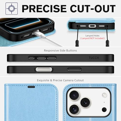 TUCCH Wallet Case for iPhone 17 Pro (6.3"), 4 Card Slots, Pearly Light Blue | RFID Blocking, Viewing Stand, Shockproof TPU Shell, PU Leather, Magnetic Closure, Protective Folio Flip Cover - color: Pearly Light Blue