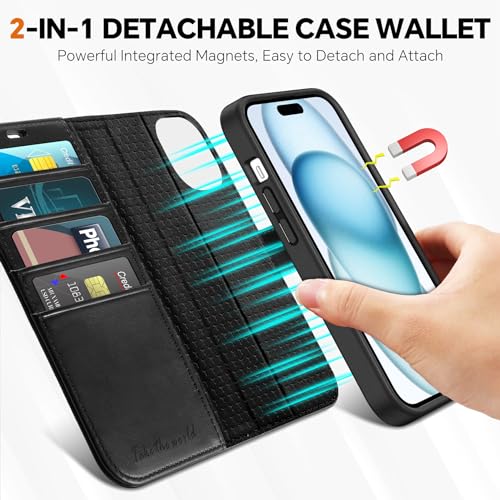 TUCCH 2-in-1 Detachable Wallet Case for iPhone 15 (6.1") 2023, Black | 4 Card Holders, RFID Blocking, Wireless Charging, Kickstand, Shockproof TPU, PU Leather, Magnetic, Folio Cover - color: Black (2-in-1 Detachable)