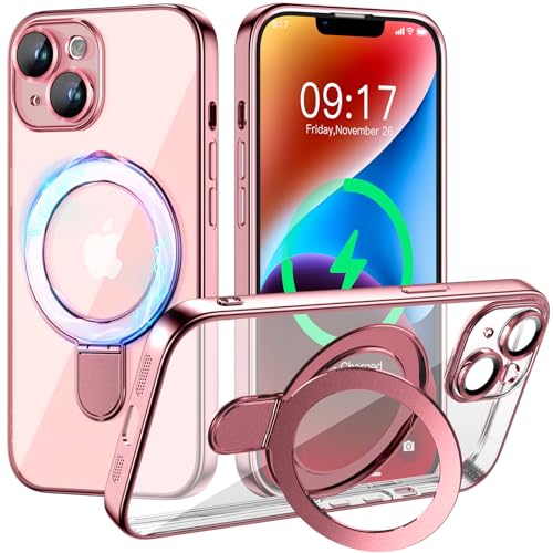 Magnetic for iPhone 14 Case with Invisible Stand[Compatible with MagSafe][Full Camera Lens Protector][Military Drop Protection] Shockproof Not Yellowing Clear Slim Soft for Women Men - color: Pink, size: iPhone 14