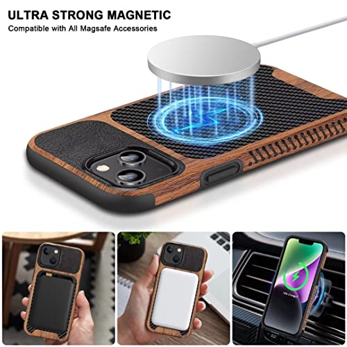 TENDLIN Magnetic Case Compatible with iPhone 14 Case Wood Grain with Carbon Fiber Texture Design Leather Hybrid Slim Cover (Compatible with MagSafe) Black - color: Magnetic Black, size: iPhone 14