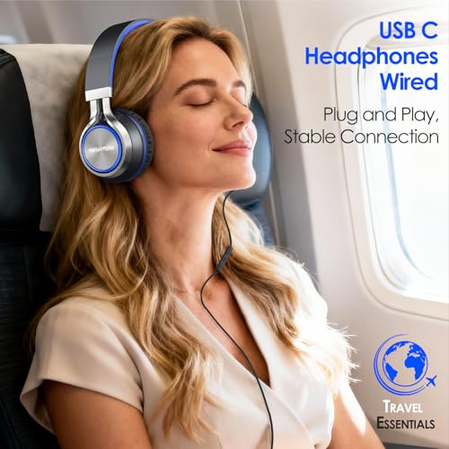 INFURTURE USB C Headphone for Kids & Adults Over-Ear Headphone with HD Mic - color: Blue