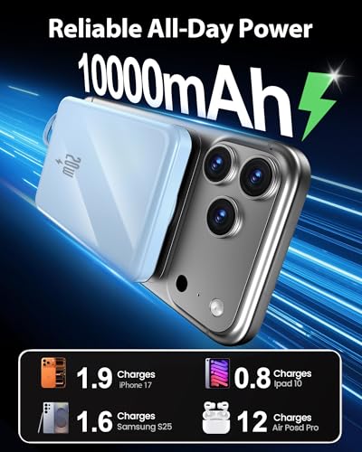 10000mAh Portable Charger, 20W Fast Charging, Built-in Cables with Handle | Charge from 20% to 85% in 30 Mins, 30% Smaller, magnetic grip, Stays Cool, LED Display, for iPhone, Samsung, Android Phones - color: 03.Blue