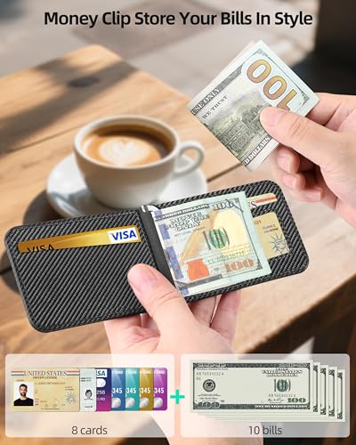 for MagSafe Wallet with Money Clip, ID Window & 8 Card Holder | Stronger Magnetic Wallet for iPhone 17/16/15/14/13/12 Series, RFID Blocking, for iPhone Wallet with Adjustable Stand - color: Carbon Fiber Black